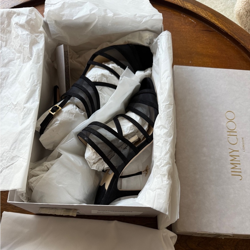 SOLD Jimmy Choo Vora Suede And Mesh Black Strappy Sandals Size 38 New In Box - Picture 7 of 8